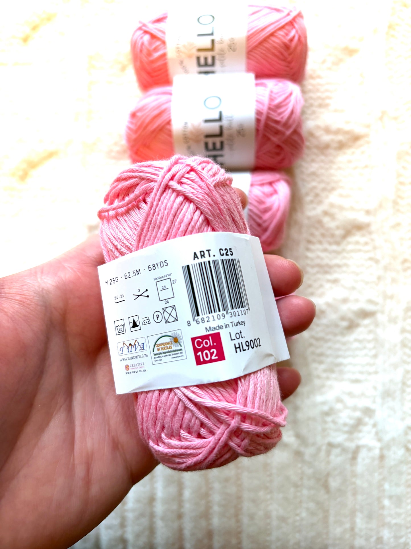 5 balls x 25g Hello Cotton Yarn 100% Cotton - 102 Candy Pink