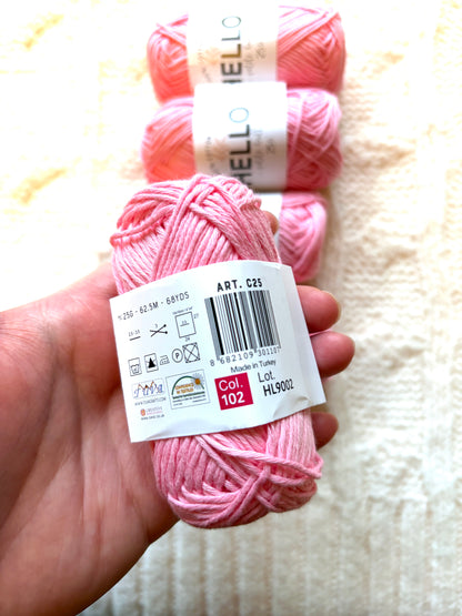 5 balls x 25g Hello Cotton Yarn 100% Cotton - 102 Candy Pink