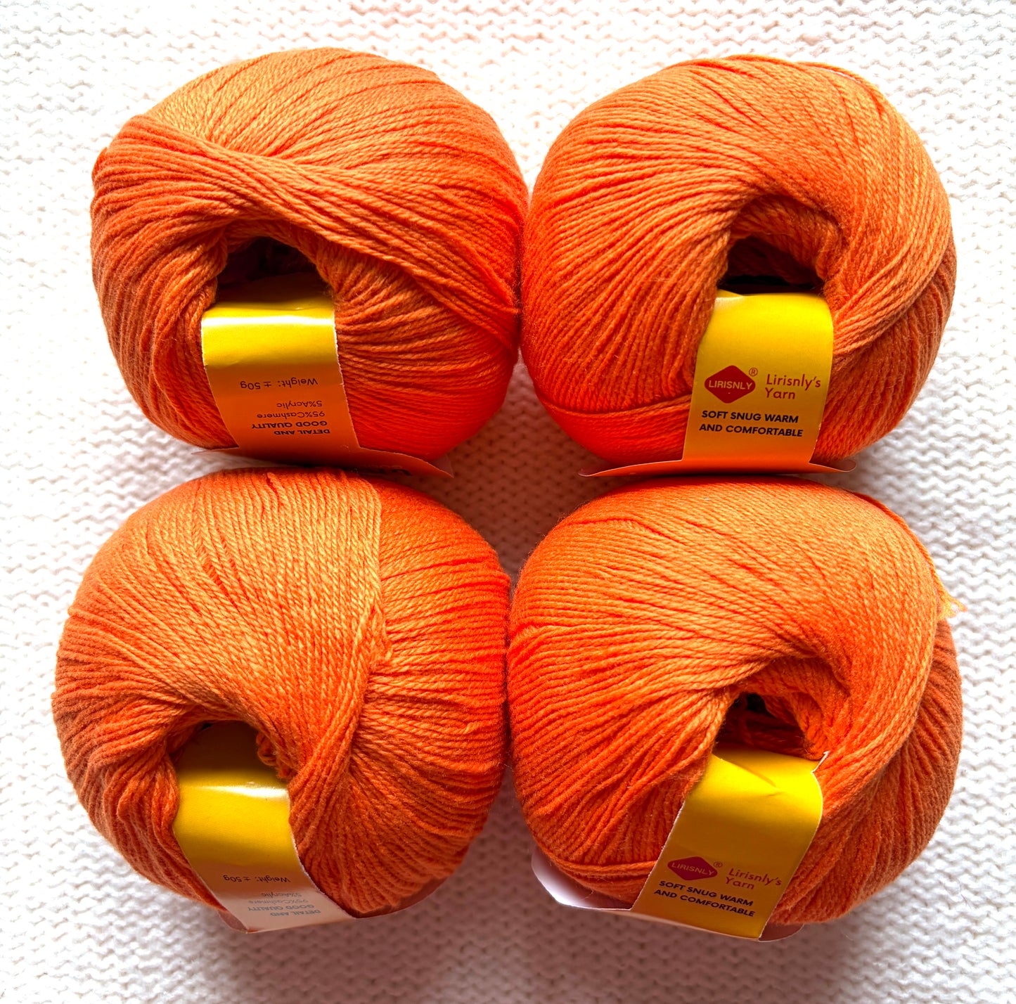 4 balls x 50g Cashmere yarn : 95% Cashmere + 5% Acrylic : 44 Blaze Orange