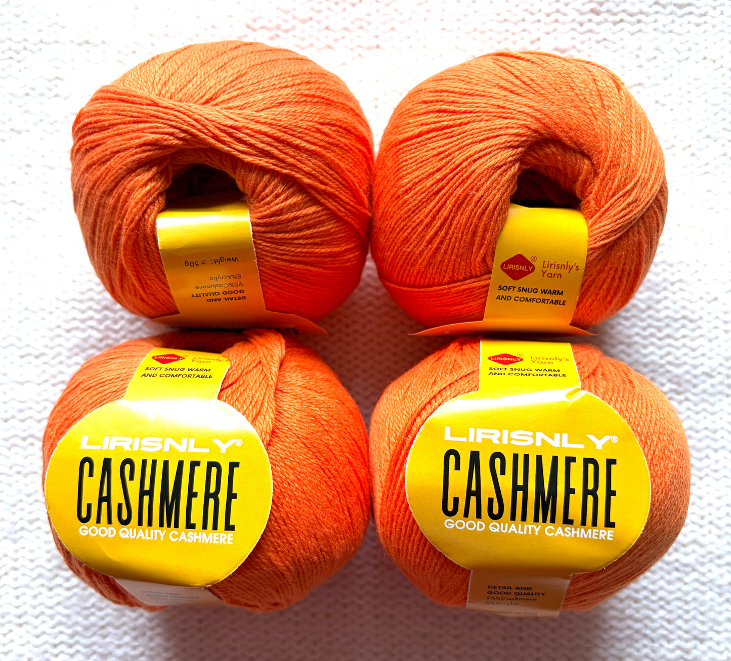 4 balls x 50g Cashmere yarn : 95% Cashmere + 5% Acrylic : 44 Blaze Orange