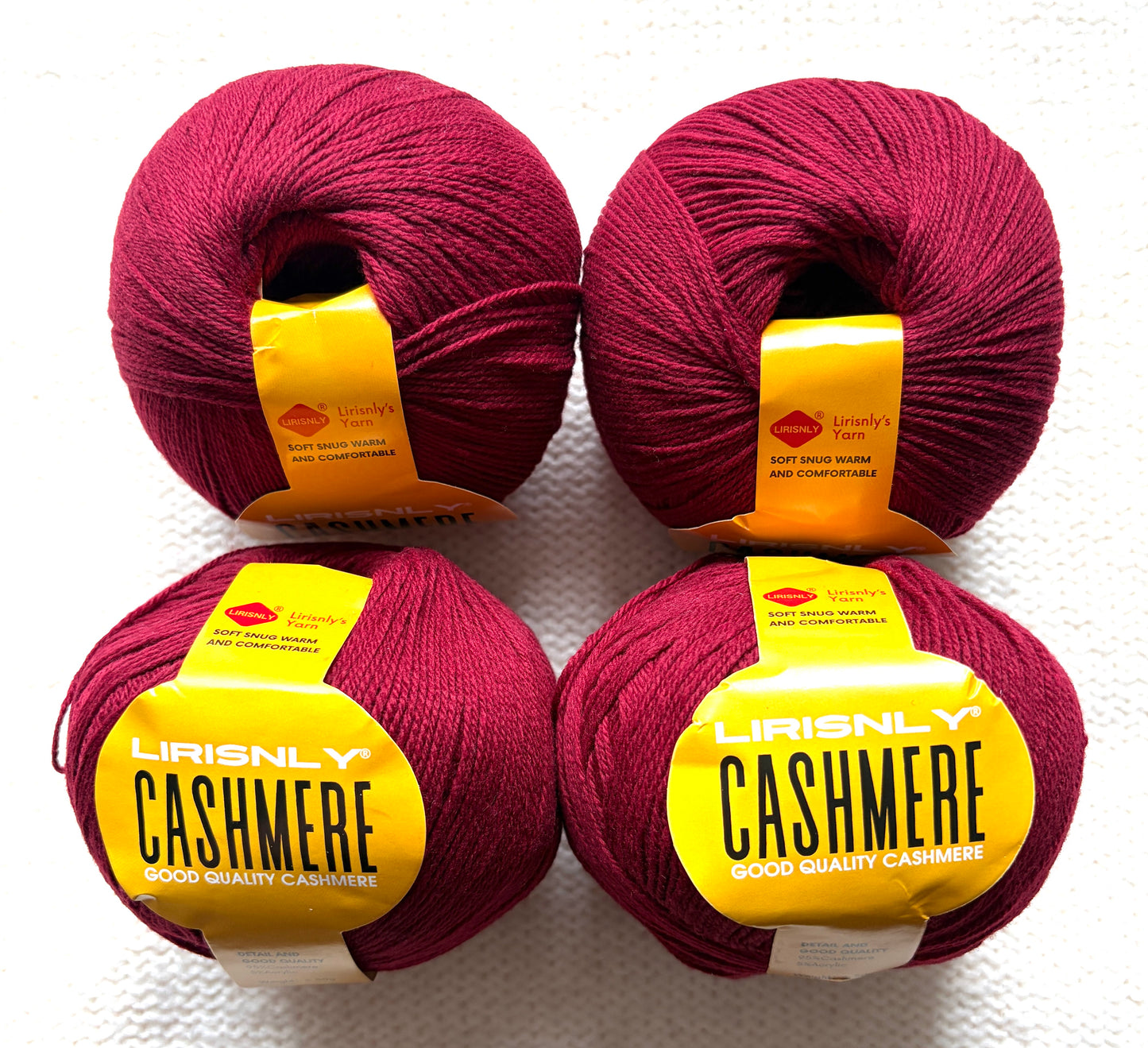 4 balls x 50g Cashmere yarn : 95% Cashmere + 5% Acrylic : 14 Claret Red
