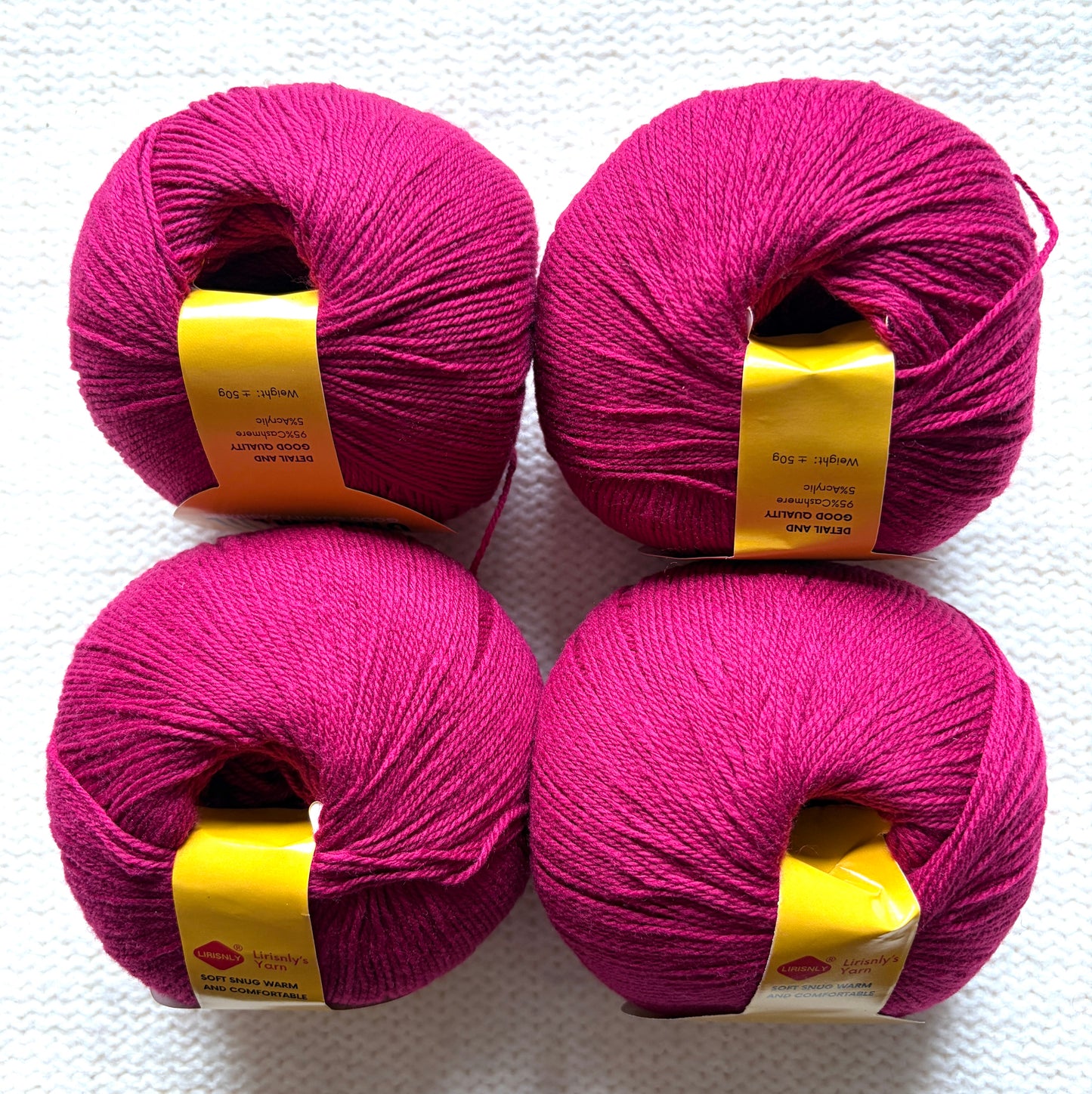 4 balls x 50g Cashmere yarn : 95% Cashmere + 5% Acrylic : 16 Raspberry