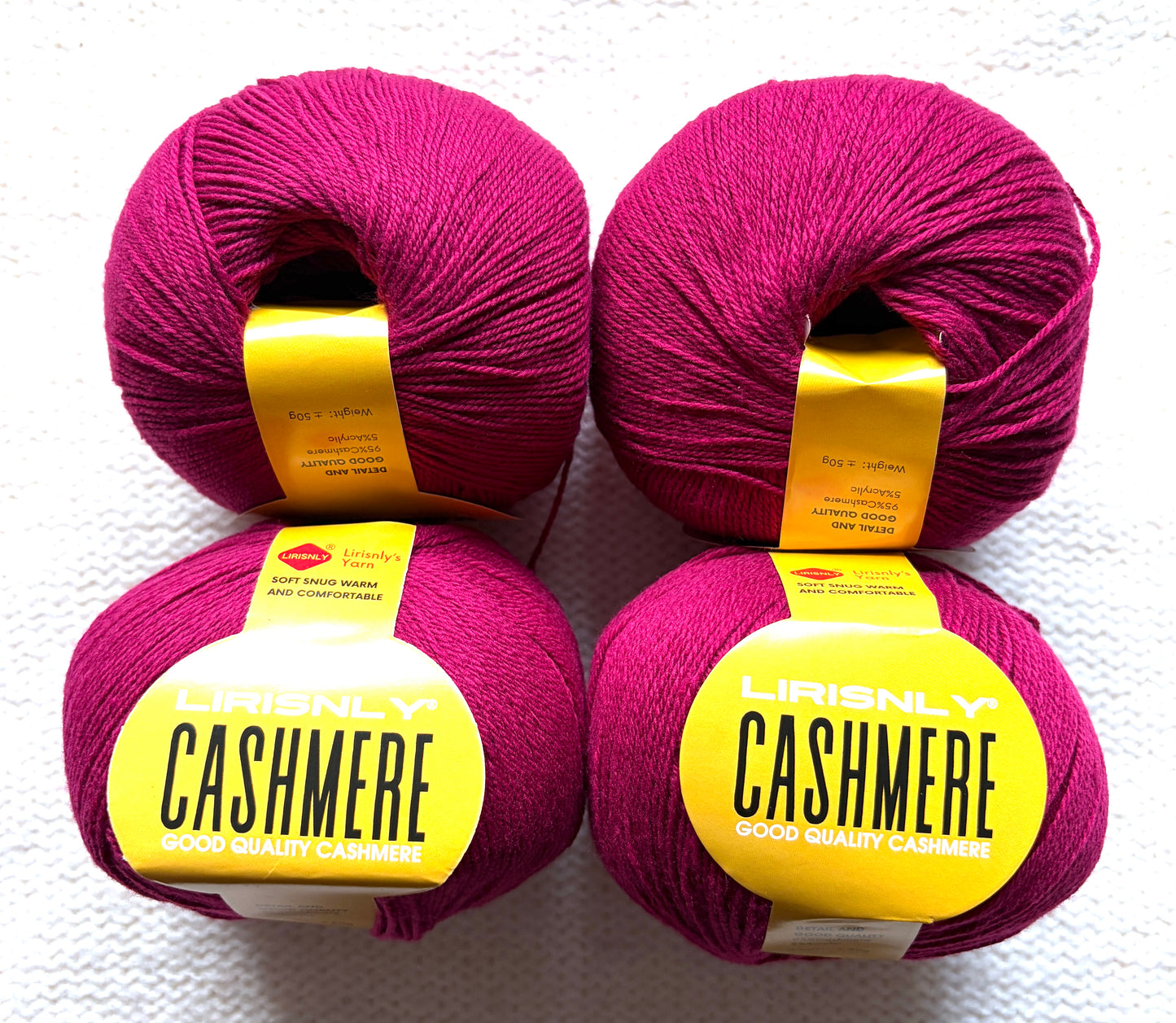 4 balls x 50g Cashmere yarn : 95% Cashmere + 5% Acrylic : 16 Raspberry