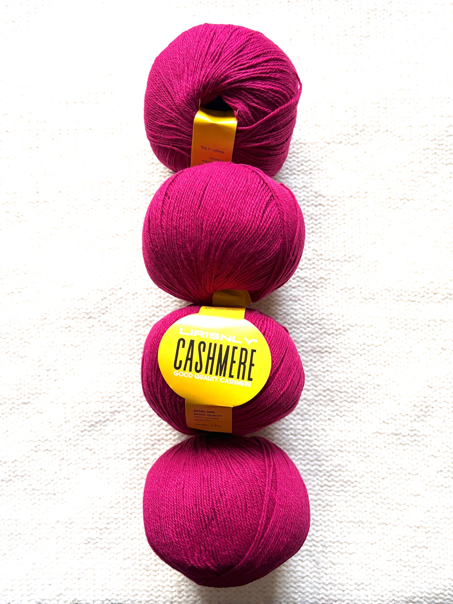 4 balls x 50g Cashmere yarn : 95% Cashmere + 5% Acrylic : 16 Raspberry