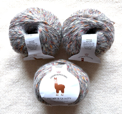3 balls x 50g Alpaca yarn : 90% Alpaca + 10% Anti Pilling Fiber : 10 Grey