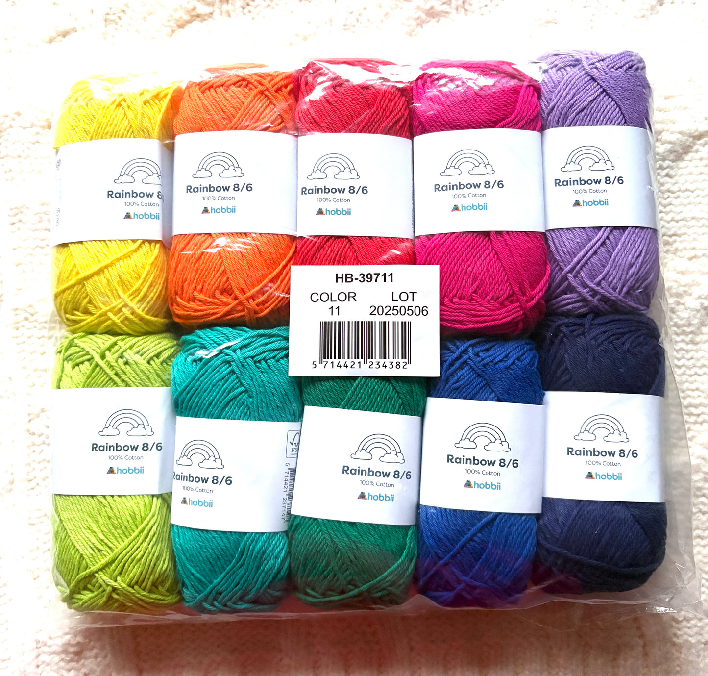 10 balls x 50g Hobbii : Rainbow Cotton Yarn 8/6 Color Pack 11 : 100% Cotton