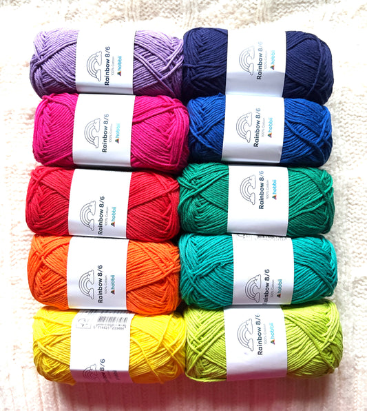 10 balls x 50g Hobbii : Rainbow Cotton Yarn 8/6 Color Pack 11 : 100% Cotton