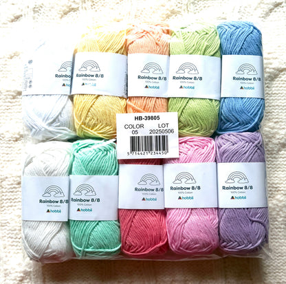 10 balls x 50g Hobbii : Rainbow Cotton Yarn 8/8 Color Pack 05 : 100% Cotton