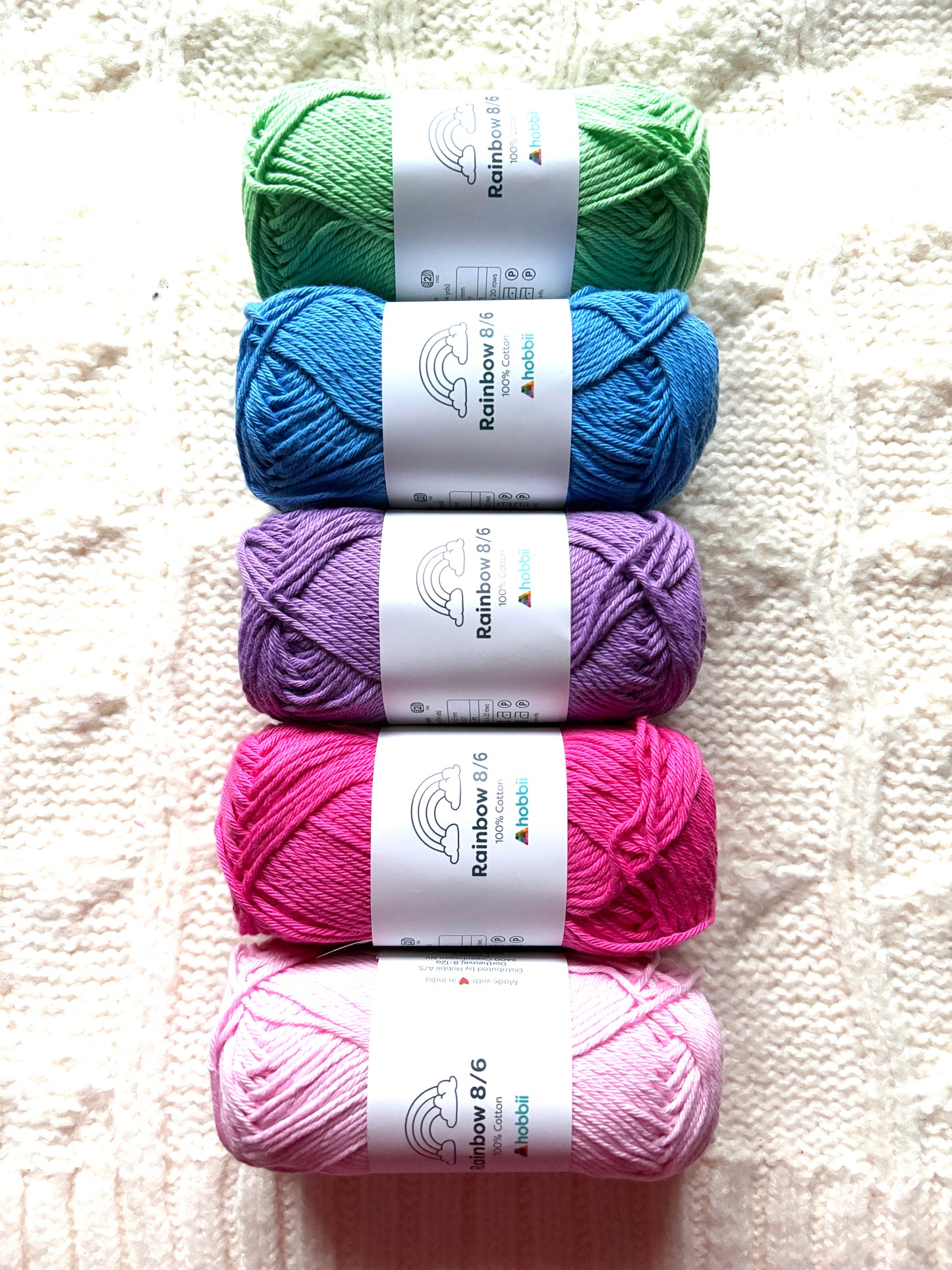 5 balls x 50g Hobbii : Rainbow Cotton Yarn 8/6 Color Pack 06B : 100% Cotton