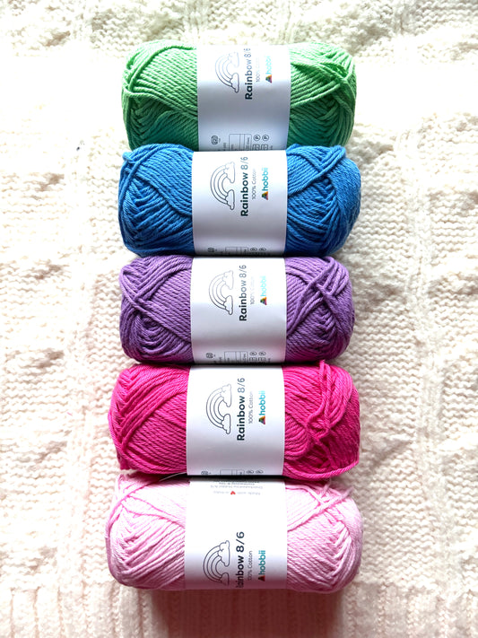 5 balls x 50g Hobbii : Rainbow Cotton Yarn 8/6 Color Pack 06B : 100% Cotton
