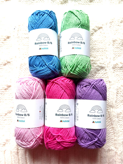 5 balls x 50g Hobbii : Rainbow Cotton Yarn 8/6 Color Pack 06B : 100% Cotton