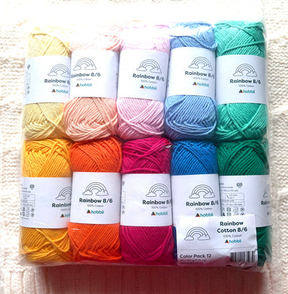 10 balls x 50g Hobbii : Rainbow Cotton Yarn 8/6 Color Pack 12 : 100% Cotton