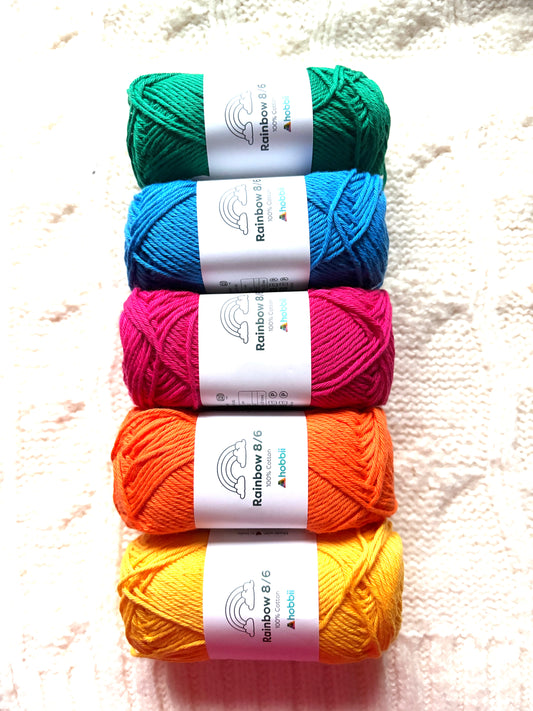 5 balls x 50g Hobbii : Rainbow Cotton Yarn 8/6 Color Pack 12B  : 100% Cotton