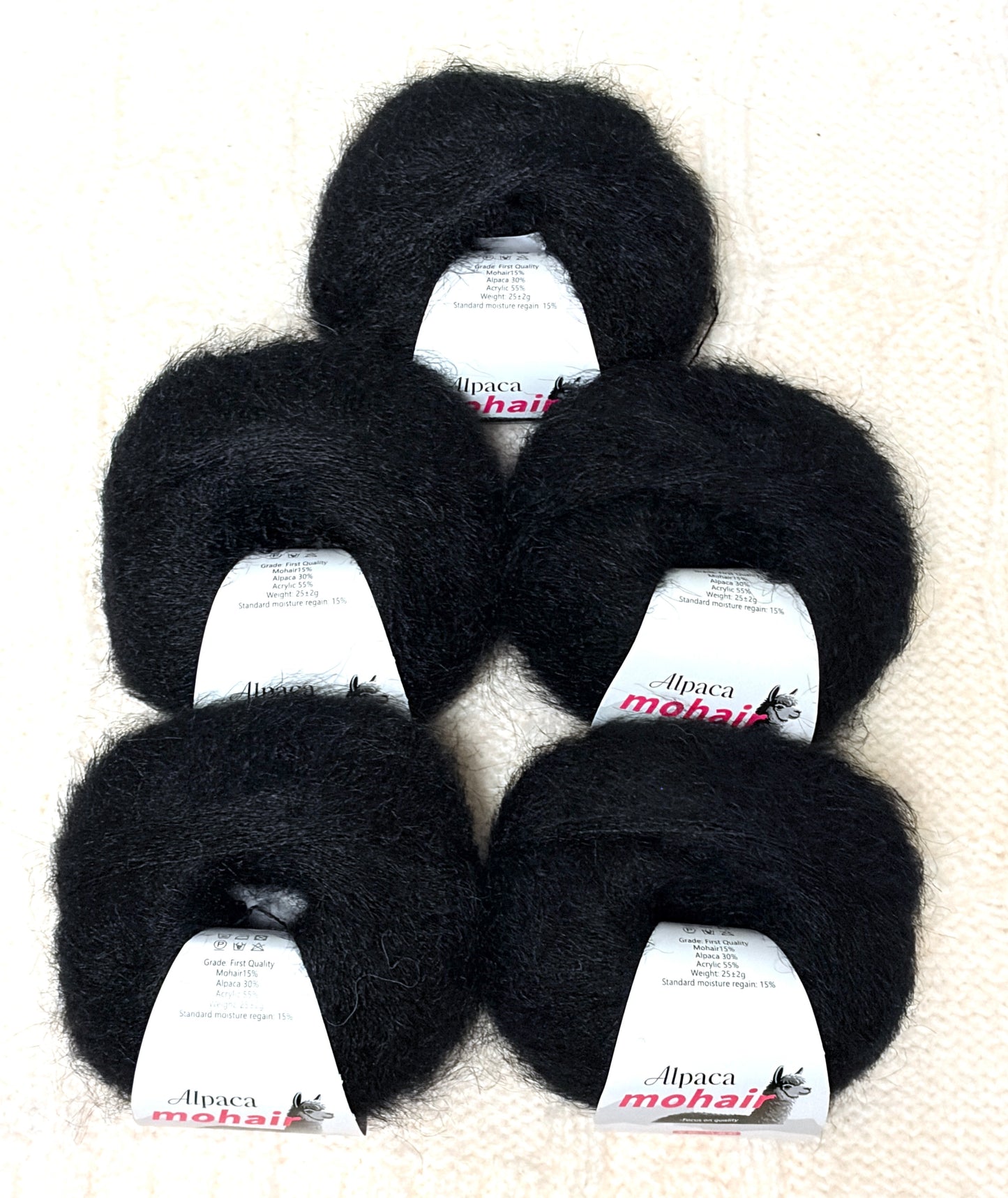 5 balls x 25g Alpaca Mohair yarn : Mohair + Alpaca + Acrylic : 05 Black