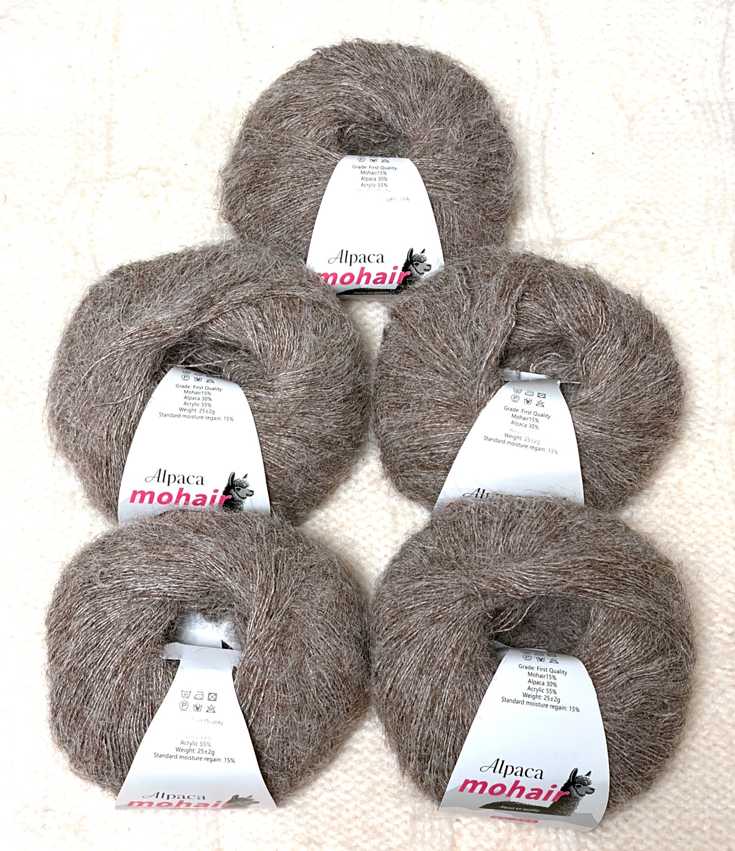 5 balls x 25g Alpaca Mohair yarn : Mohair + Alpaca + Acrylic : 10 Brown