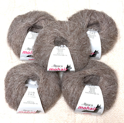 5 balls x 25g Alpaca Mohair yarn : Mohair + Alpaca + Acrylic : 10 Brown
