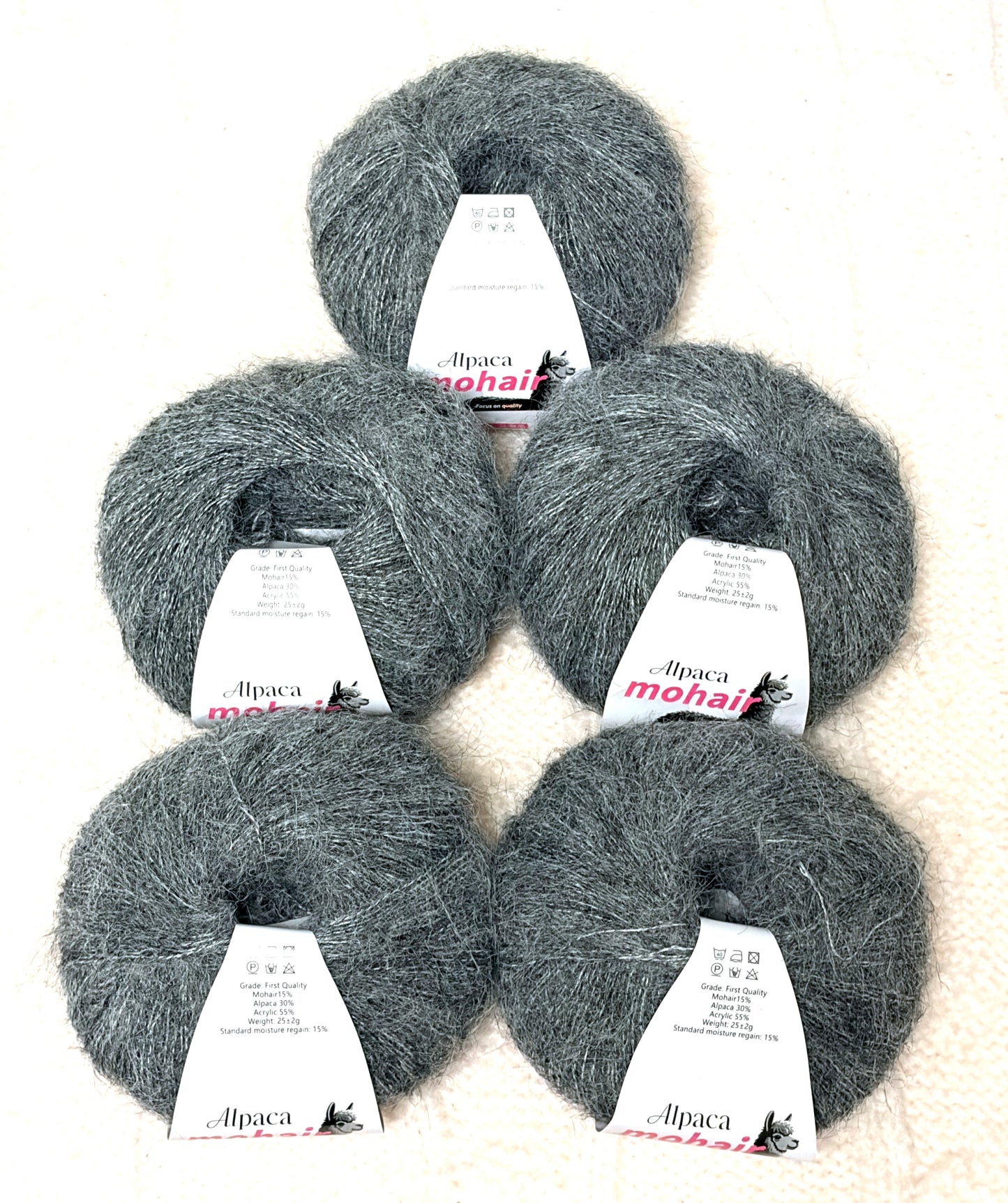 5 balls x 25g Alpaca Mohair yarn : Mohair + Alpaca + Acrylic : 04 Grey