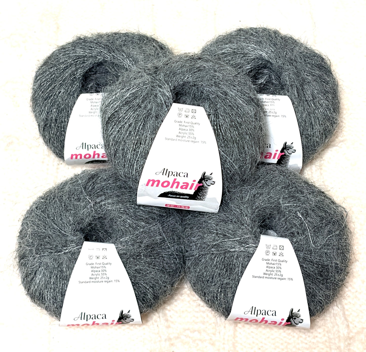 5 balls x 25g Alpaca Mohair yarn : Mohair + Alpaca + Acrylic : 04 Grey