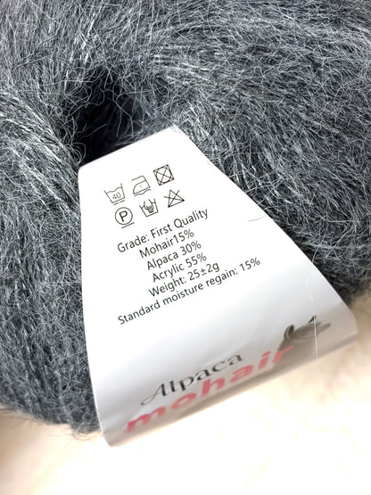 5 balls x 25g Alpaca Mohair yarn : Mohair + Alpaca + Acrylic : 04 Grey