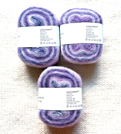 3 cakes x 50g Gradient Mohair Silk Yarn : Mohair + Silk+ Polyester : 07 Gradient Purple